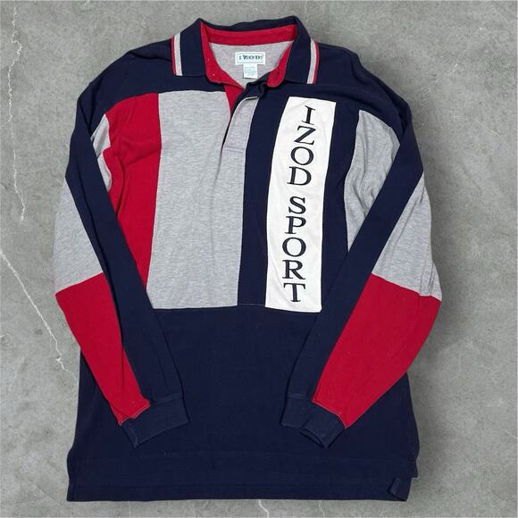 Izod Sport VTG Rugby Shirt Large Blue Red Gray Polo Logo Spellout Long Sleeve - Picture 1 of 8